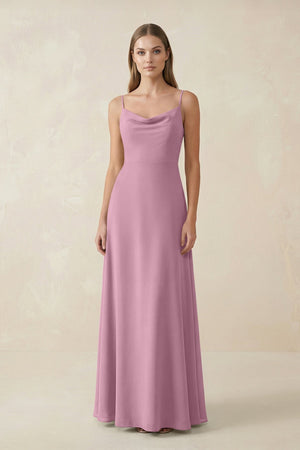 Cami Strap A - Line Chiffon Bridesmaid Dress in Vintage Mauve - SHE IS ME Bridesmaid Dresses