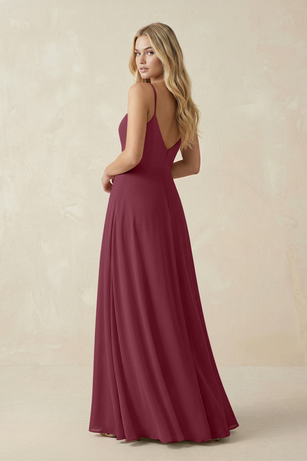 Cami Strap A-Line Chiffon Bridesmaid Dress with Slit in Desert Rose (2) | KISSBRIDAL