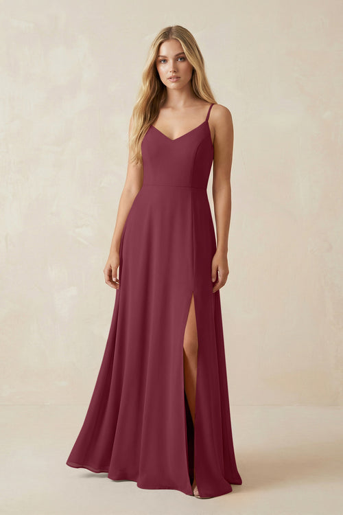 Cami Strap A-Line Chiffon Bridesmaid Dress with Slit in Desert Rose | KISSBRIDAL