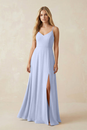 Cami Strap A - Line Chiffon Bridesmaid Dress with Slit in Ice - SHE IS ME Bridesmaid Dresses