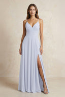 Cami Strap A - Line Chiffon Bridesmaid Dress With Slit in Ice - SHE IS ME Bridesmaid Dresses