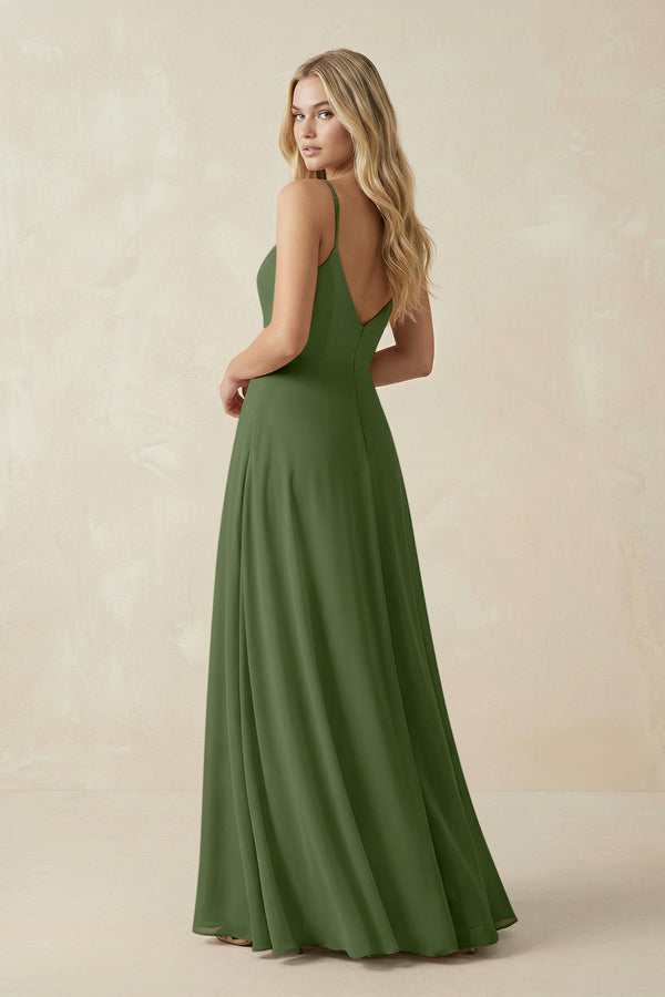 Cami Strap A-Line Chiffon Bridesmaid Dress with Slit in Moss (2) | KISSBRIDAL