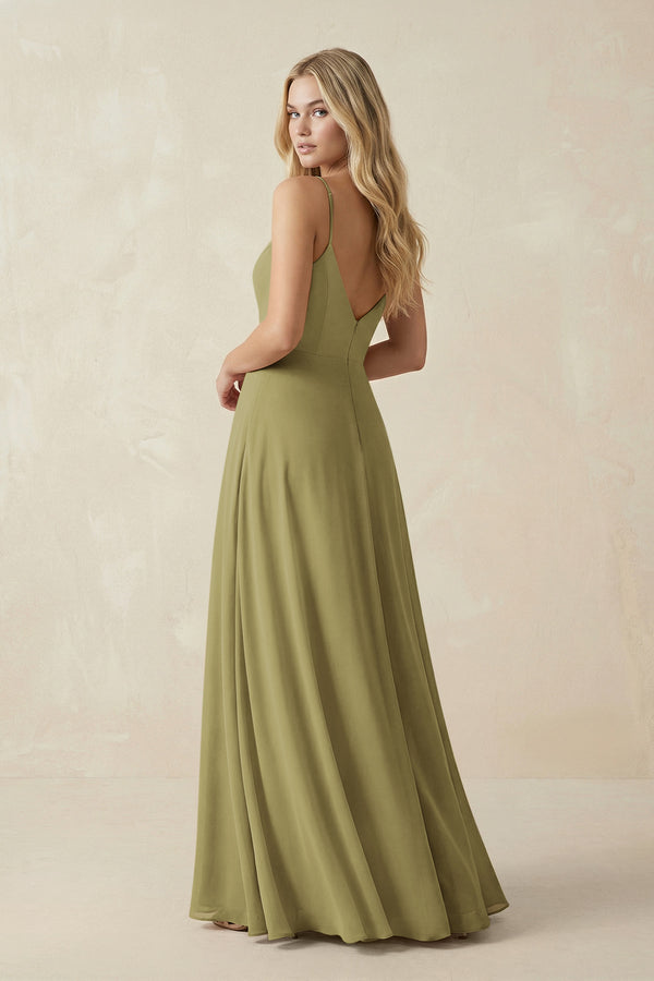 Cami Strap A-Line Chiffon Bridesmaid Dress with Slit in Moss Green (2) | KISSBRIDAL