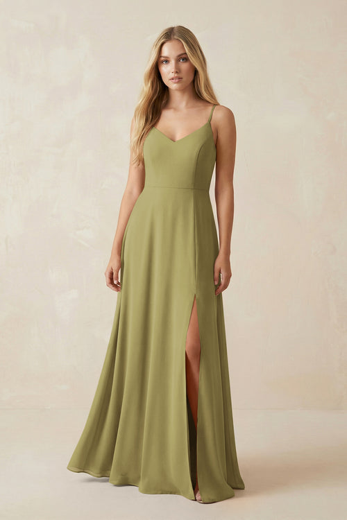 Cami Strap A-Line Chiffon Bridesmaid Dress with Slit in Moss Green | KISSBRIDAL