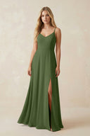 Cami Strap A-Line Chiffon Bridesmaid Dress with Slit in Moss | KISSBRIDAL