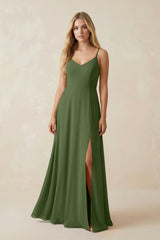 Cami Strap A-Line Chiffon Bridesmaid Dress with Slit in Moss | KISSBRIDAL