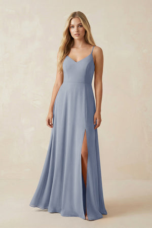 Cami Strap A - Line Chiffon Bridesmaid Dress with Slit in Twilight - SHE IS ME Bridesmaid Dresses