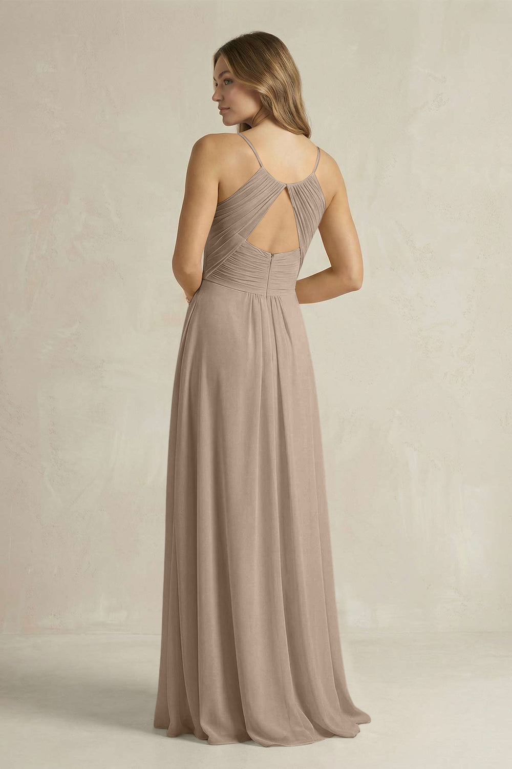 Cami Strap A-Line Chiffon Pleated Bridesmaid Dress in Almond