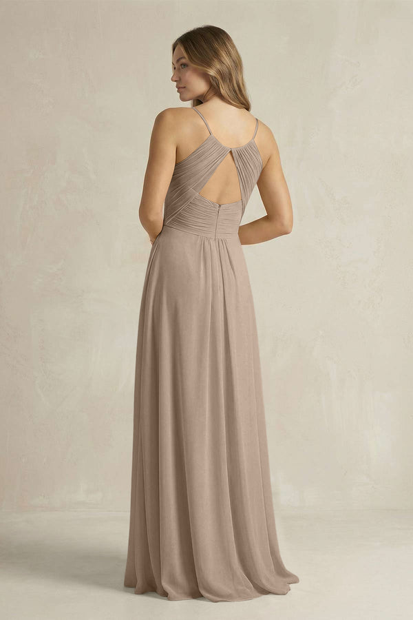 Cami Strap A-Line Chiffon Pleated Bridesmaid Dress in Almond (2) | KISSBRIDAL