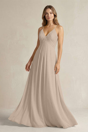 Cami Strap A - Line Chiffon Pleated Bridesmaid Dress in Almond - SHE IS ME Bridesmaid Dresses