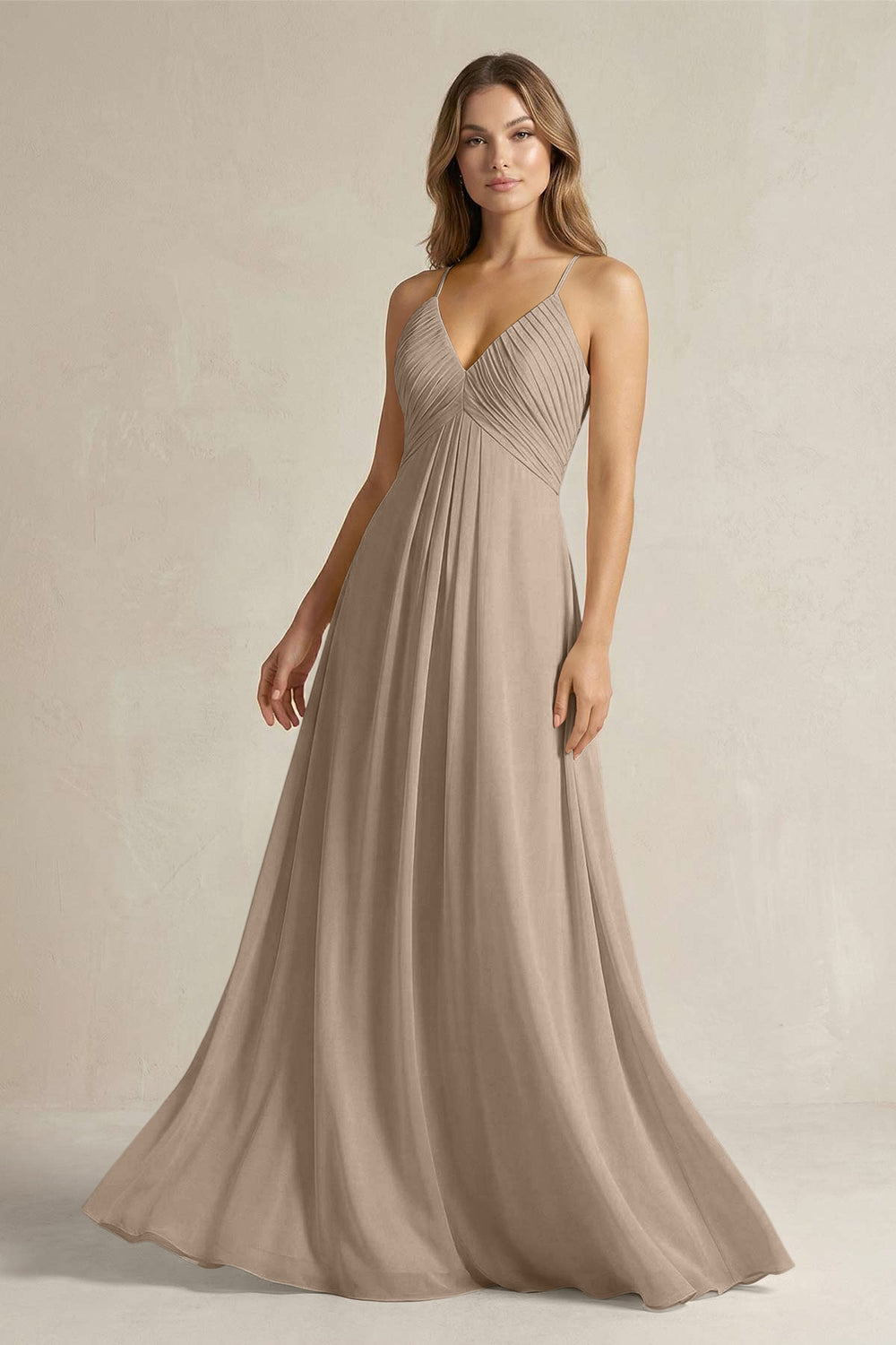 Cami Strap A-Line Chiffon Pleated Bridesmaid Dress in Almond