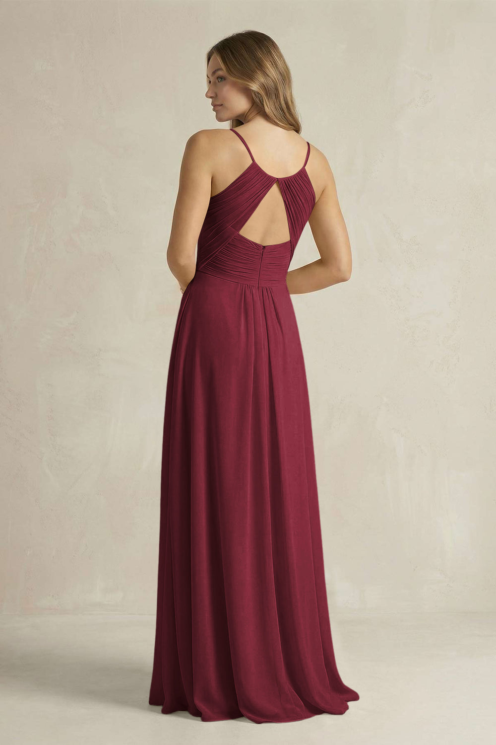Cami Strap A-Line Chiffon Pleated Bridesmaid Dress in Berry
