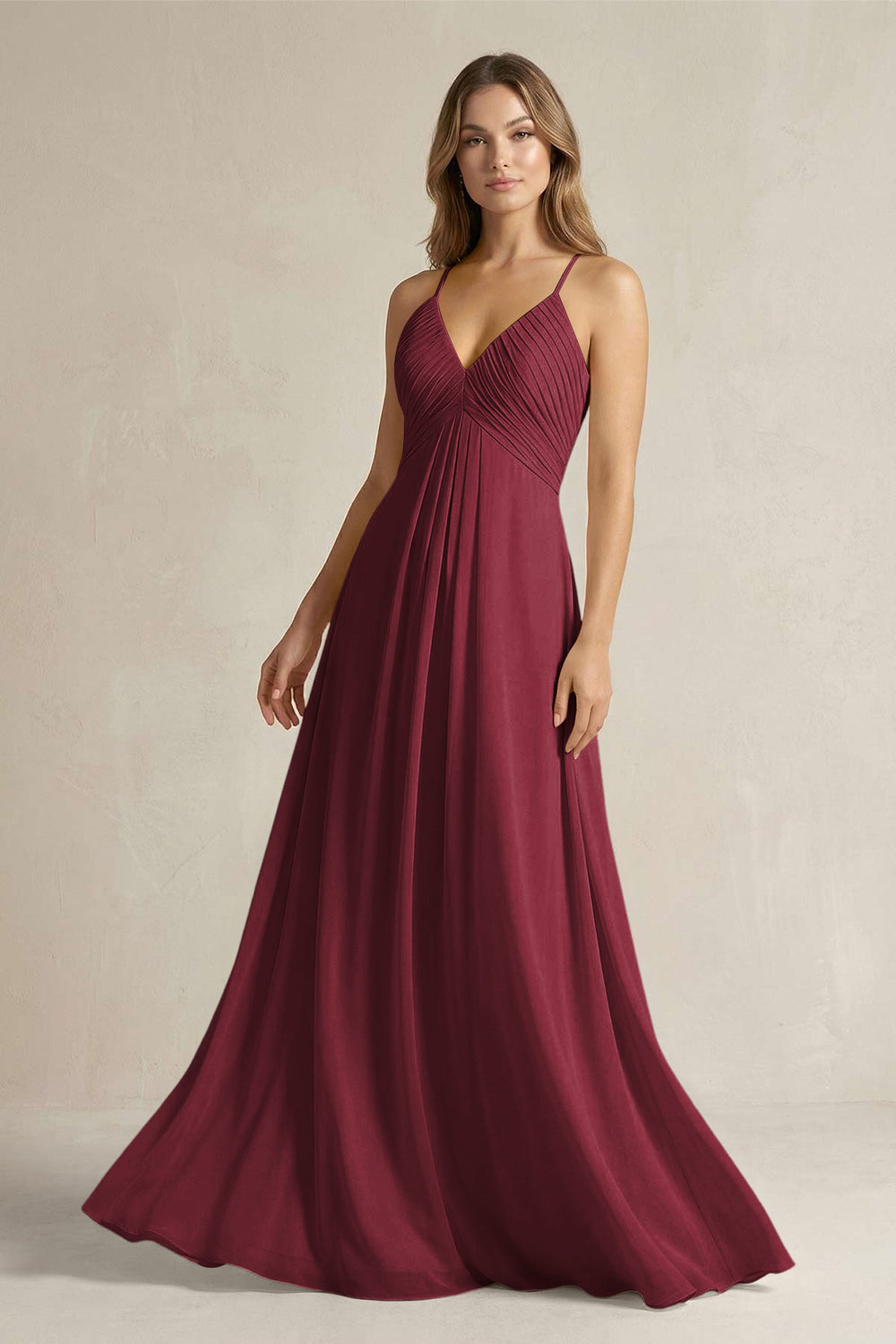 Cami Strap A-Line Chiffon Pleated Bridesmaid Dress in Berry