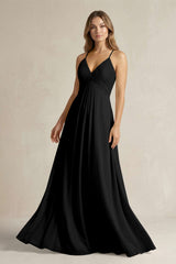 Cami Strap A - Line Chiffon Pleated Bridesmaid Dress in Black - KISS BRIDAL Bridesmaid Dresses