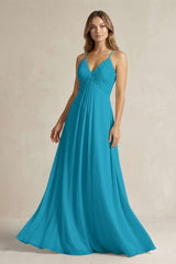 Cami Strap A - Line Chiffon Pleated Bridesmaid Dress in Blue Jay - KISS BRIDAL Bridesmaid Dresses