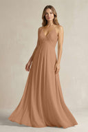 Cami Strap A - Line Chiffon Pleated Bridesmaid Dress in Bronzer - SHE IS ME Bridesmaid Dresses