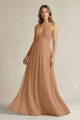 Cami Strap A - Line Chiffon Pleated Bridesmaid Dress in Bronzer - KISS BRIDAL Bridesmaid Dresses