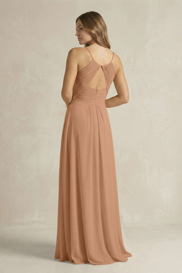 Cami Strap A - Line Chiffon Pleated Bridesmaid Dress in Bronzer - SHE IS ME Bridesmaid Dresses