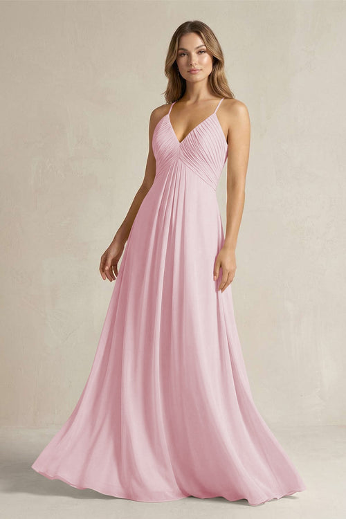 Cami Strap A - Line Chiffon Pleated Bridesmaid Dress in Candy Pink - SHE IS ME Bridesmaid Dresses