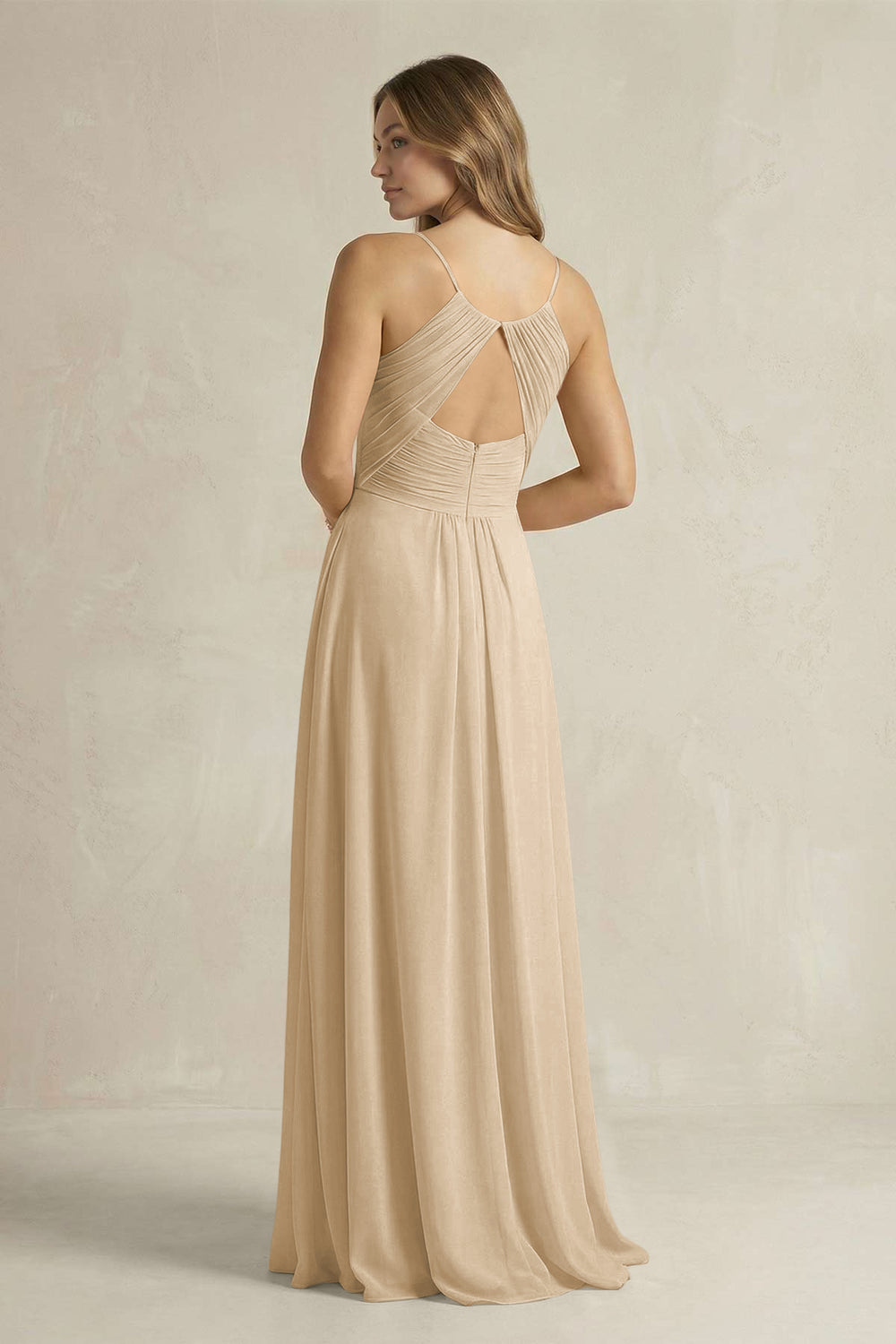 Cami Strap A-Line Chiffon Pleated Bridesmaid Dress in Champagne