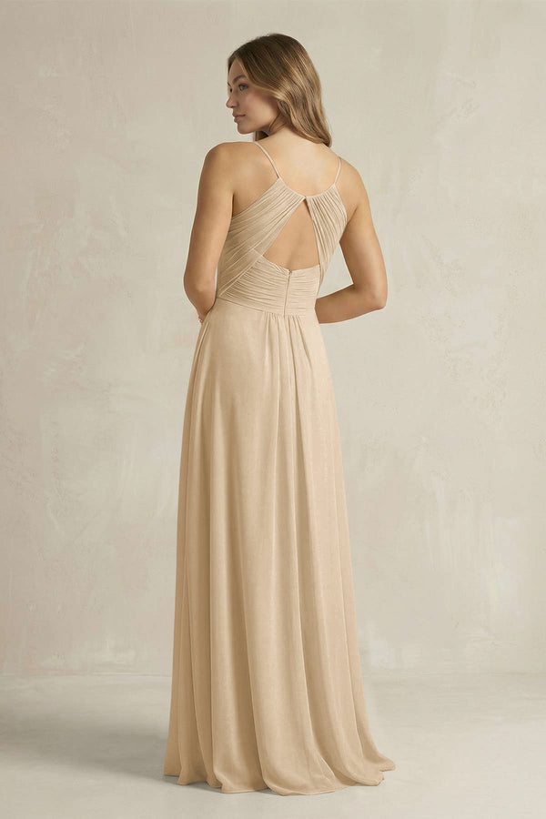 Cami Strap A-Line Chiffon Pleated Bridesmaid Dress in Champagne (2) | KISSBRIDAL