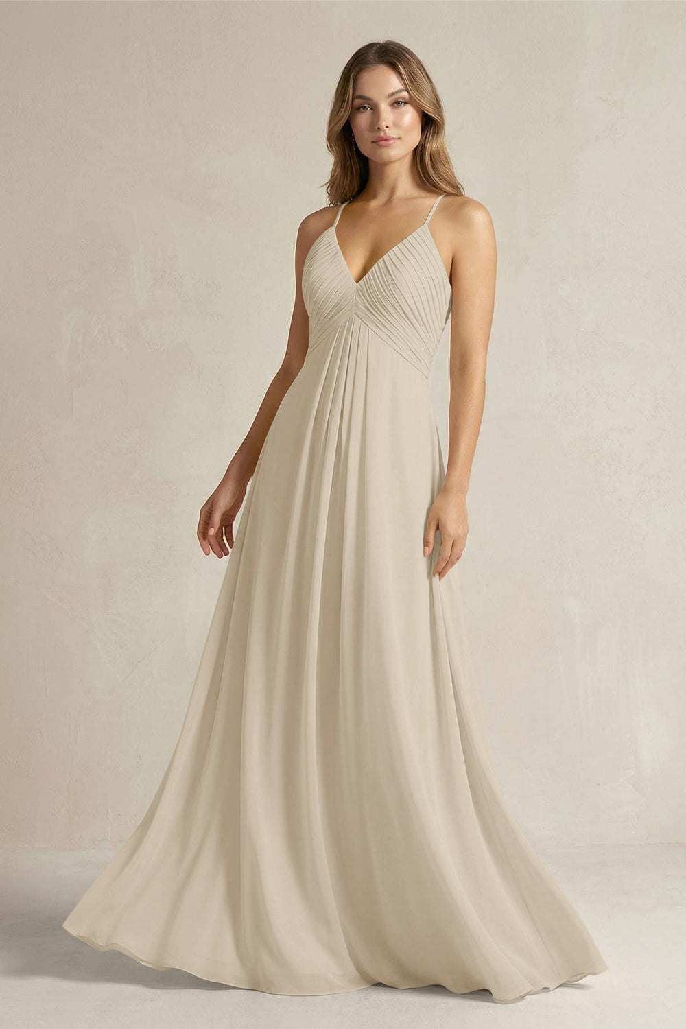 Cami Strap A - Line Chiffon Pleated Bridesmaid Dress in Champagne - KISS BRIDAL Bridesmaid Dresses