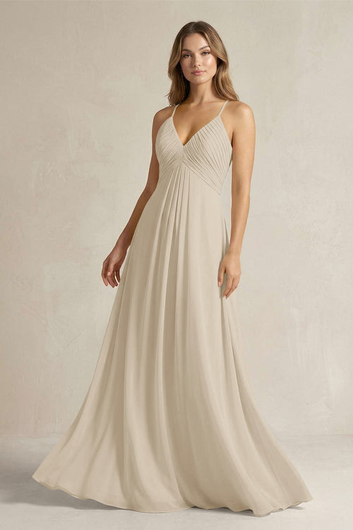 Cami Strap A - Line Chiffon Pleated Bridesmaid Dress in Champagne - SHE IS ME Bridesmaid Dresses