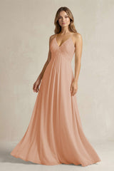 Cami Strap A - Line Chiffon Pleated Bridesmaid Dress in Champagne Rose - KISS BRIDAL Bridesmaid Dresses