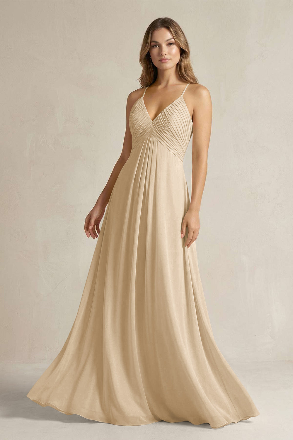 Cami Strap A-Line Chiffon Pleated Bridesmaid Dress in Champagne