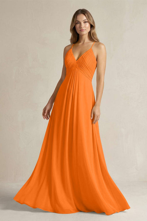 Cami Strap A - Line Chiffon Pleated Bridesmaid Dress in Cinnamon - SHE IS ME Bridesmaid Dresses