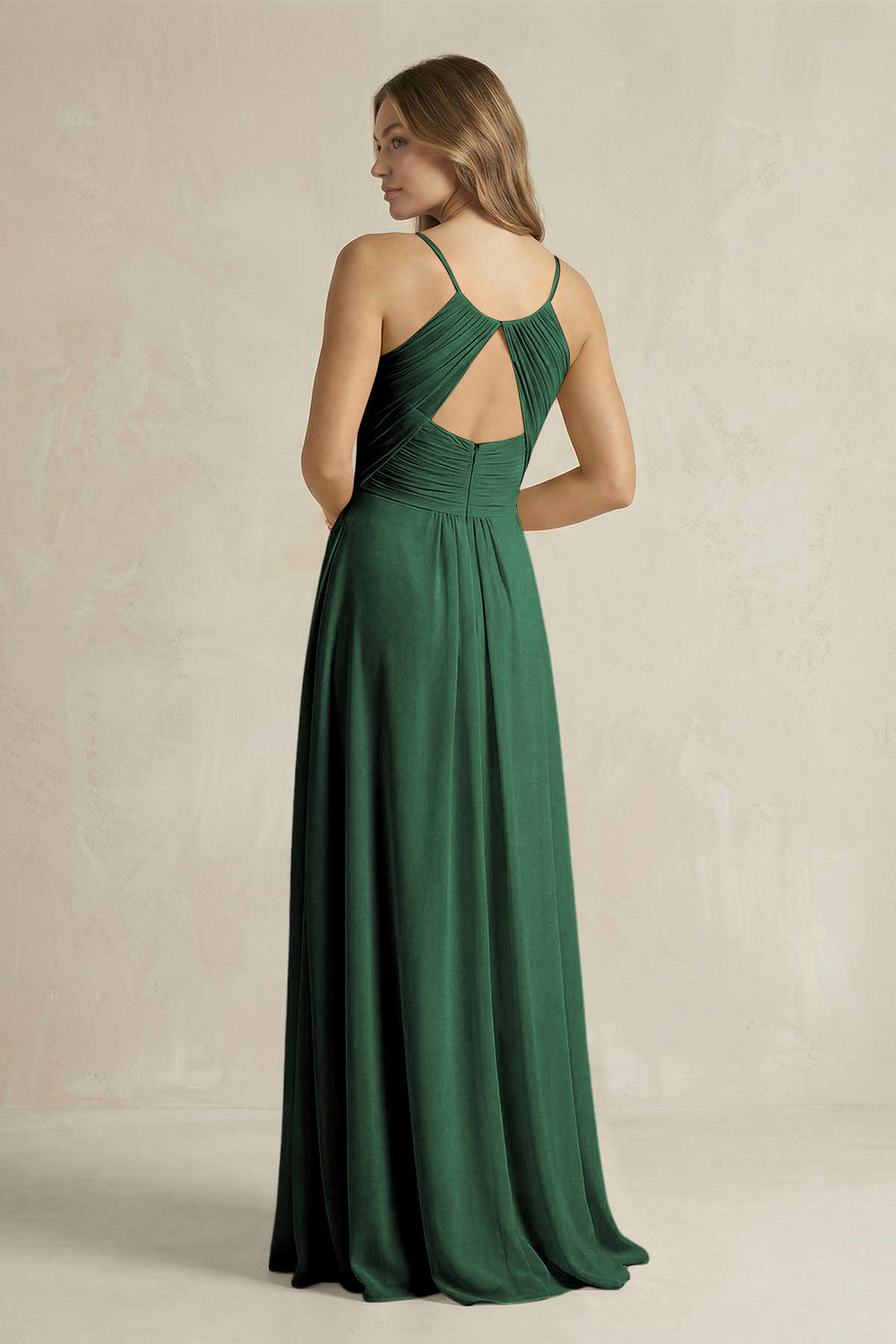 Cami Strap A-Line Chiffon Pleated Bridesmaid Dress in Dark Green