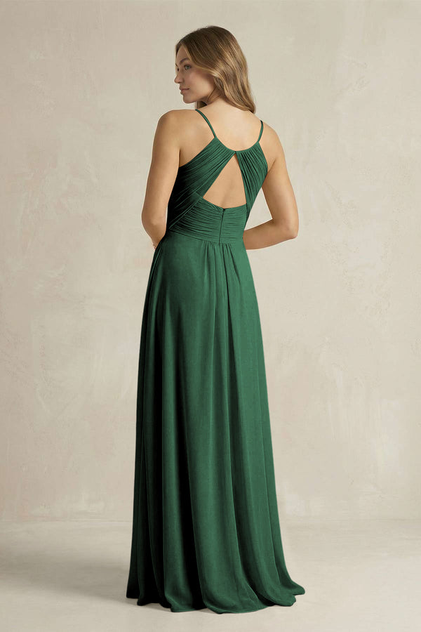 Cami Strap A-Line Chiffon Pleated Bridesmaid Dress in Dark Green (2) | KISSBRIDAL