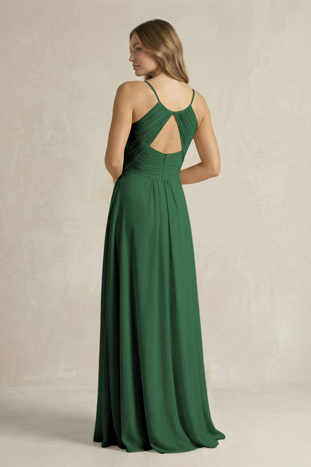 Cami Strap A - Line Chiffon Pleated Bridesmaid Dress in Dark Green - KISS BRIDAL Bridesmaid Dresses