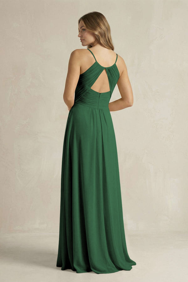 Cami Strap A - Line Chiffon Pleated Bridesmaid Dress in Dark Green - SHE IS ME Bridesmaid Dresses