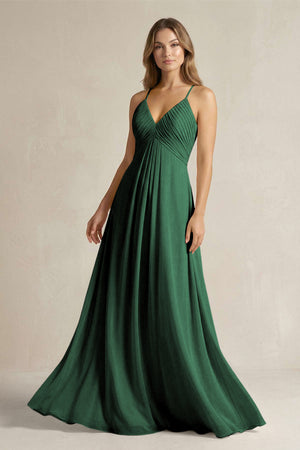 Cami Strap A-Line Chiffon Pleated Bridesmaid Dress in Dark Green | KISSBRIDAL
