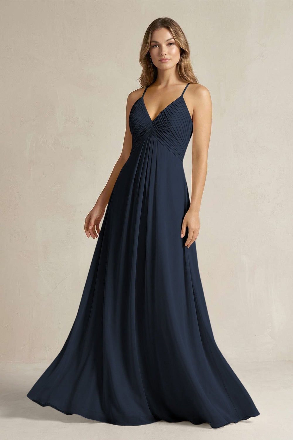 Cami Strap A - Line Chiffon Pleated Bridesmaid Dress in Dark Navy - KISS BRIDAL Bridesmaid Dresses