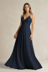 Cami Strap A - Line Chiffon Pleated Bridesmaid Dress in Dark Navy - KISS BRIDAL Bridesmaid Dresses