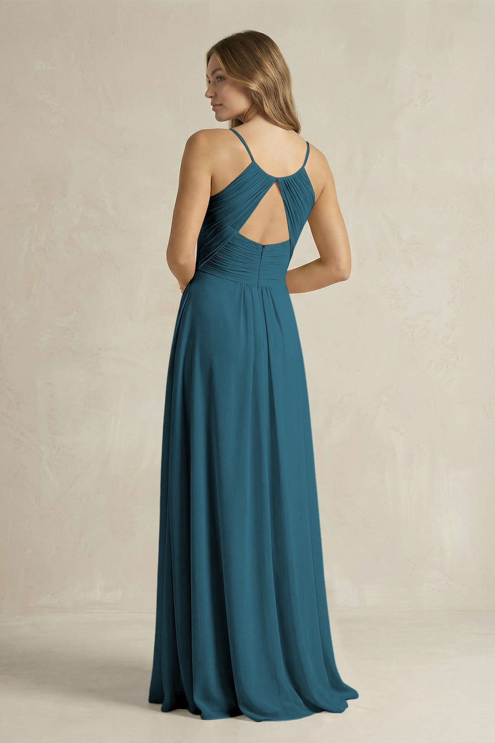 Cami Strap A - Line Chiffon Pleated Bridesmaid Dress in Dark Teal - KISS BRIDAL Bridesmaid Dresses