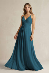 Cami Strap A - Line Chiffon Pleated Bridesmaid Dress in Dark Teal - KISS BRIDAL Bridesmaid Dresses