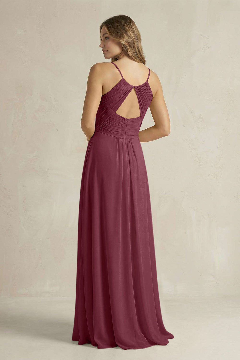 Cami Strap A-Line Chiffon Pleated Bridesmaid Dress in Desert Rose