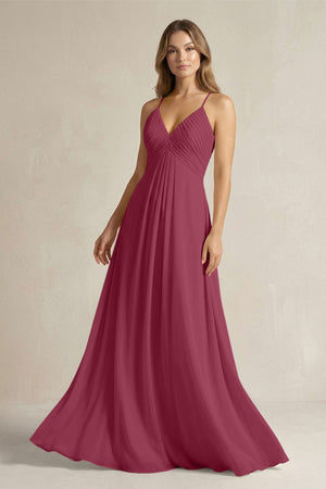 Cami Strap A - Line Chiffon Pleated Bridesmaid Dress in Desert Rose - SHE IS ME Bridesmaid Dresses