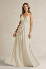 Cami Strap A - Line Chiffon Pleated Bridesmaid Dress in Dove Gray - KISS BRIDAL Bridesmaid Dresses