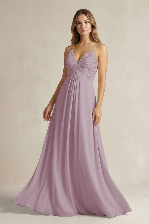 Cami Strap A - Line Chiffon Pleated Bridesmaid Dress in Dusk - SHE IS ME Bridesmaid Dresses