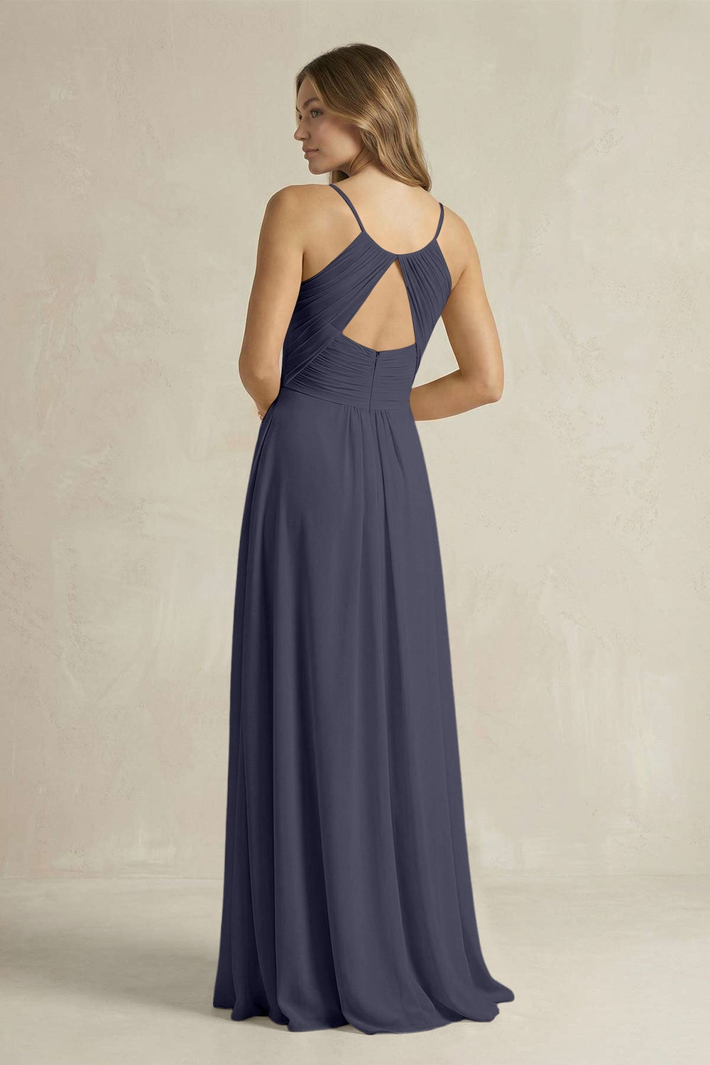 Cami Strap A - Line Chiffon Pleated Bridesmaid Dress in Dusk Blue - KISS BRIDAL Bridesmaid Dresses