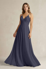 Cami Strap A - Line Chiffon Pleated Bridesmaid Dress in Dusk Blue - KISS BRIDAL Bridesmaid Dresses