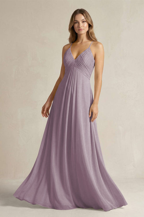 Cami Strap A-Line Chiffon Pleated Bridesmaid Dress in Dusk | KISSBRIDAL