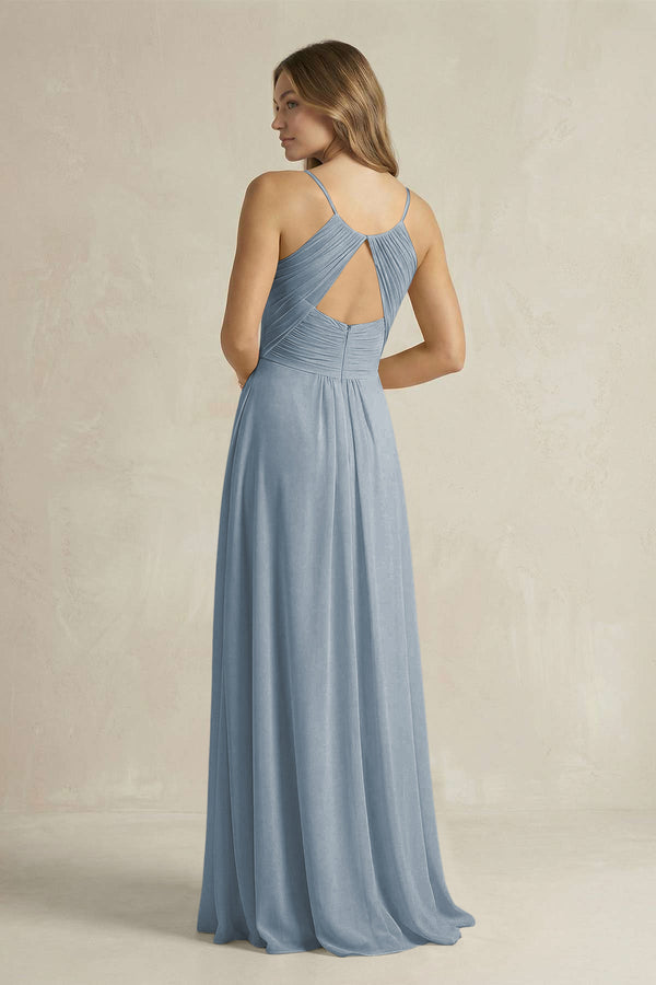 Cami Strap A-Line Chiffon Pleated Bridesmaid Dress in Dusty Blue (2) | KISSBRIDAL