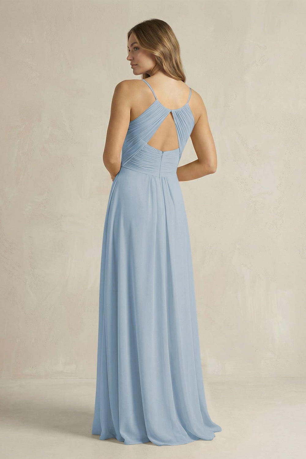 Cami Strap A - Line Chiffon Pleated Bridesmaid Dress in Dusty Blue - KISS BRIDAL Bridesmaid Dresses
