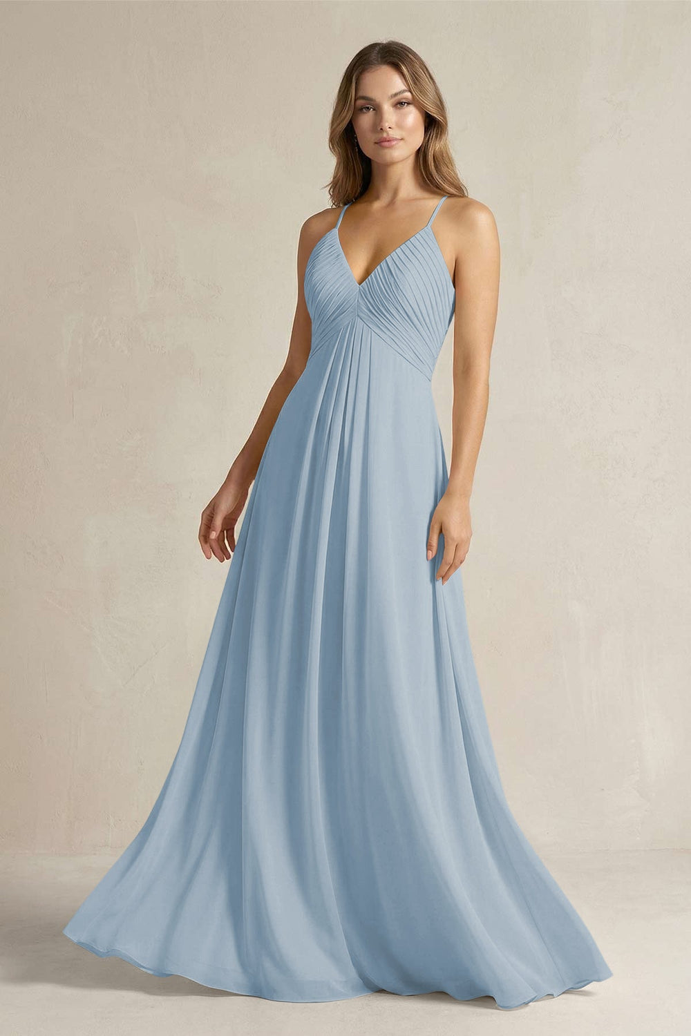 Cami Strap A - Line Chiffon Pleated Bridesmaid Dress in Dusty Blue - KISS BRIDAL Bridesmaid Dresses