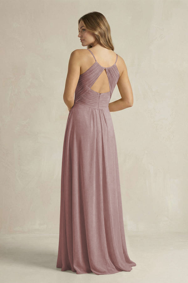 Cami Strap A-Line Chiffon Pleated Bridesmaid Dress in Dusty Rose (2) | KISSBRIDAL